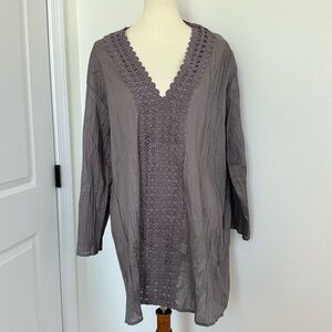 Garnet Hill XL Gauzy Swim Coverup Eyelet Taupe 3/4 Sleeve Boat Summer Resortwear